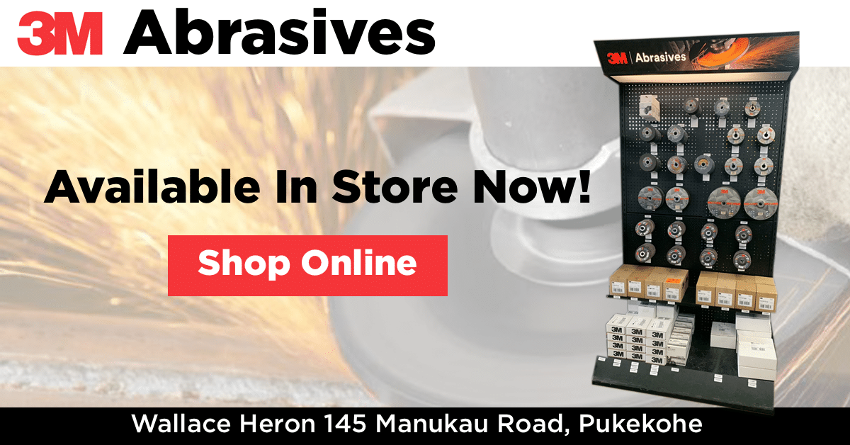 This banner has the 3M Abrasives logo on it and a picture of the stand that displays the product in store. It lets people know that the 3M Abrasives range is in tock now and encourages the to shop online
